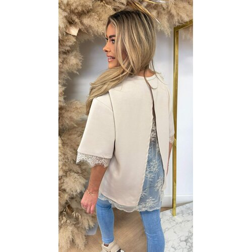 SPLIT BACK LACE TEE BEIGE