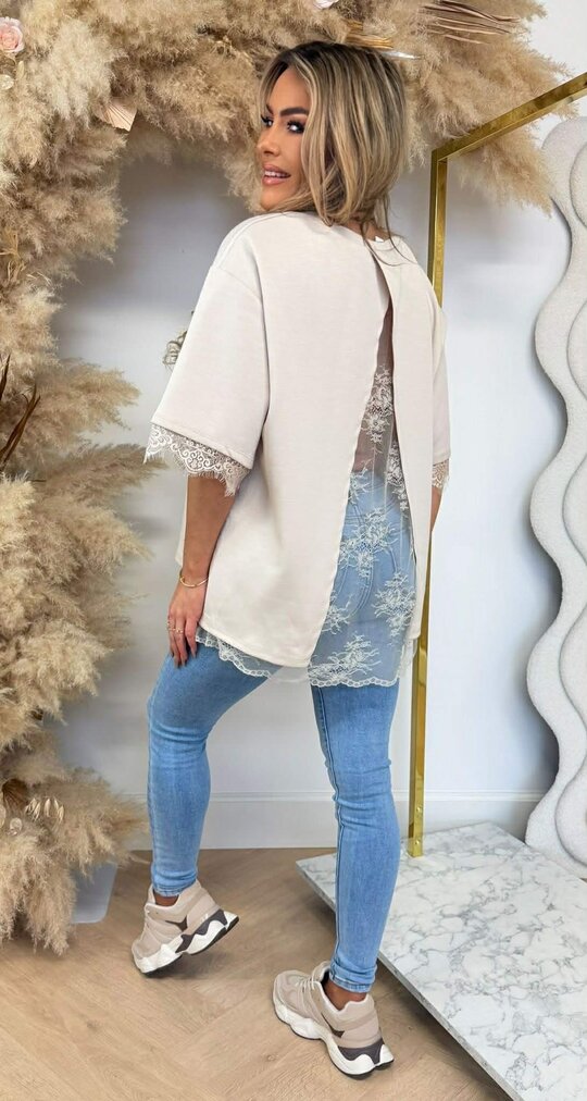 SPLIT BACK LACE TEE BEIGE