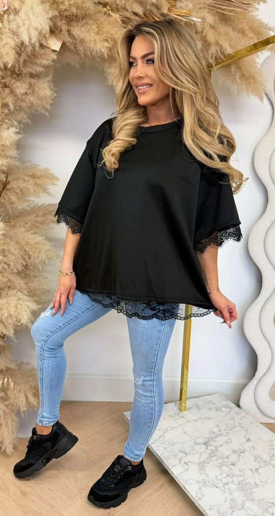 SPLIT BACK LACE TEE BLACK
