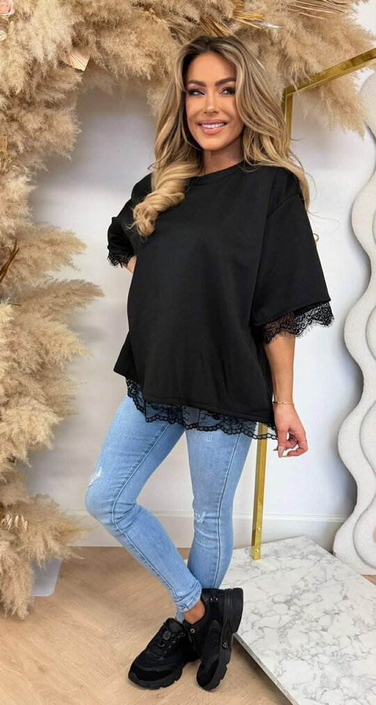 SPLIT BACK LACE TEE BLACK