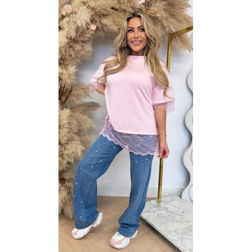 SPLIT BACK LACE TEE PINK