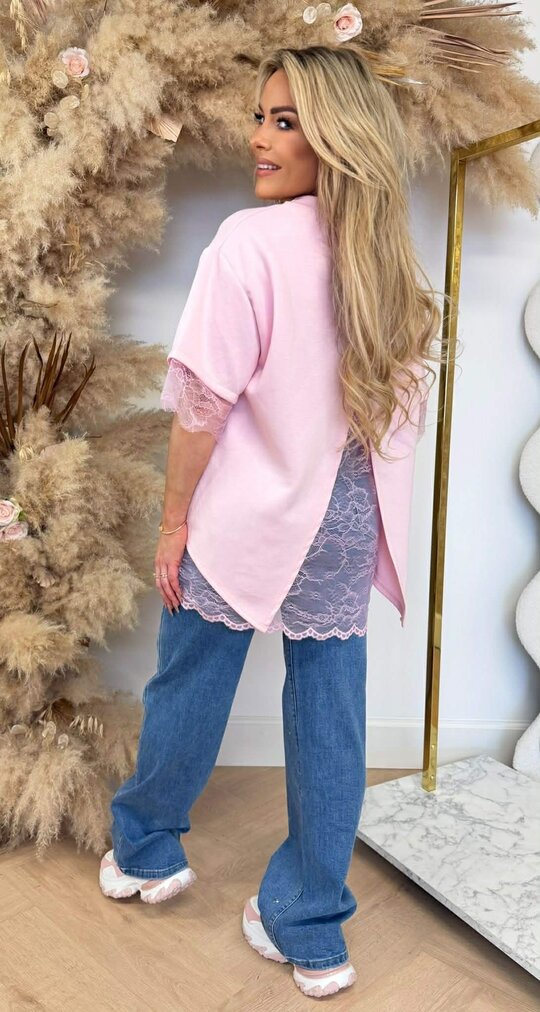 SPLIT BACK LACE TEE PINK