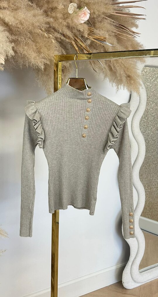 BUTTON ROEZEL STRETCH TOP TAUPE