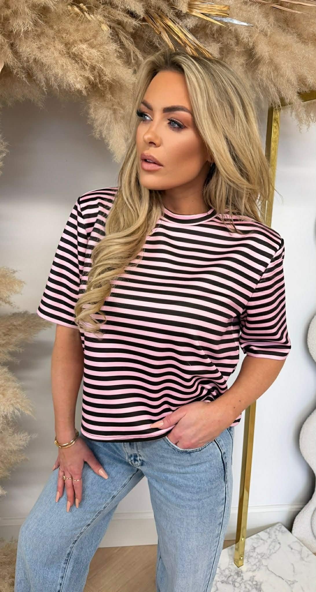 TRENDY STRIPE CROPPED TEE PINK/BLACK