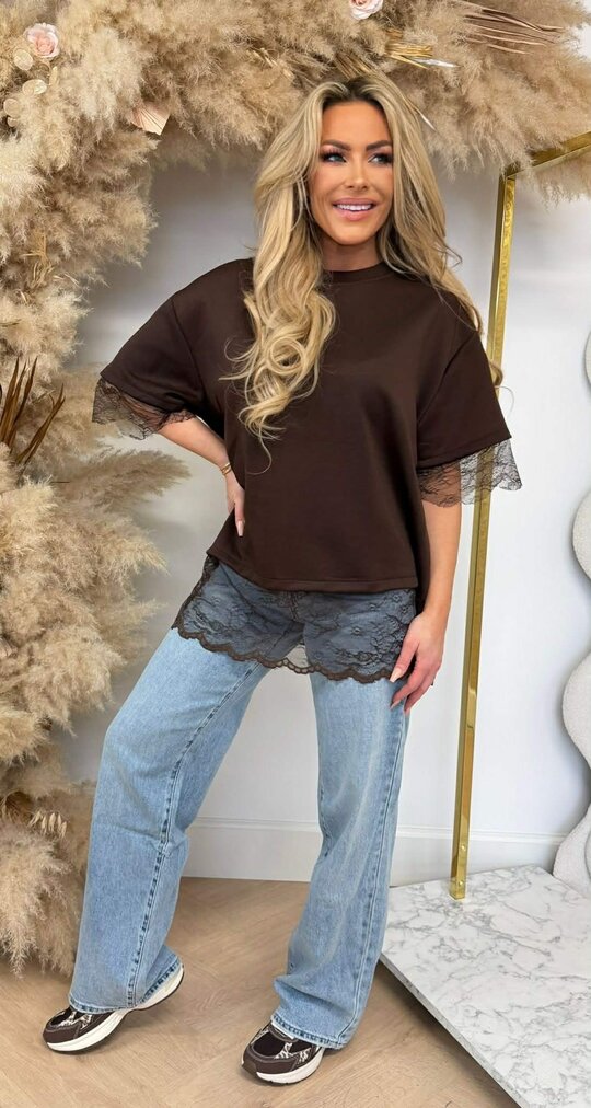 SPLIT BACK LACE TEE CHOCO