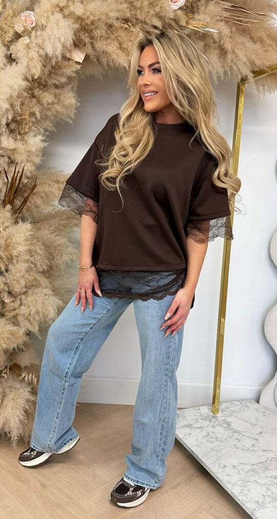 SPLIT BACK LACE TEE CHOCO