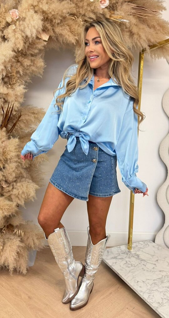 PERFECT SATIN KNOOP BLOUSE ICEBLUE