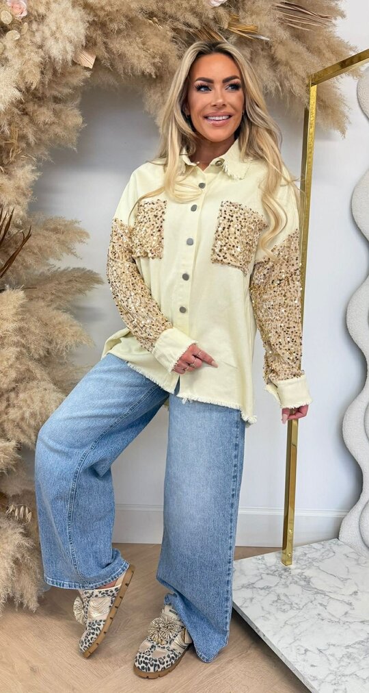 SEQUIN SLEEVE DENIM BLOUSE 1006 YELLOW SEQUIN SLEEVE DENIM BLOUSE 1006 YELLOW