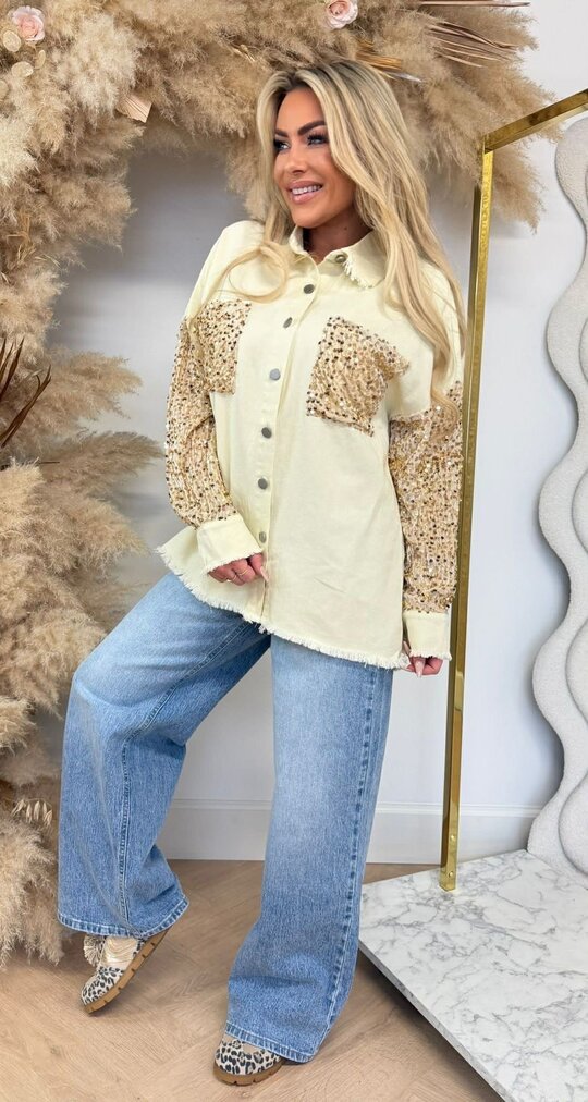 SEQUIN SLEEVE DENIM BLOUSE 1006 YELLOW SEQUIN SLEEVE DENIM BLOUSE 1006 YELLOW
