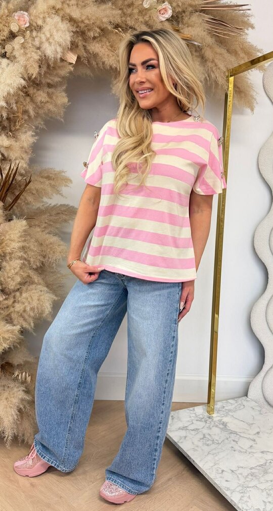 AIMEE STRIPE BUTTON TEE PINK AIMEE STRIPE BUTTON TEE PINK