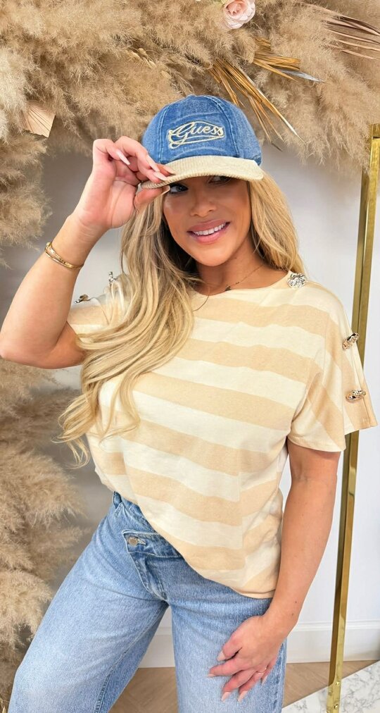 AIMEE STRIPE BUTTON TEE BEIGE AIMEE STRIPE BUTTON TEE BEIGE