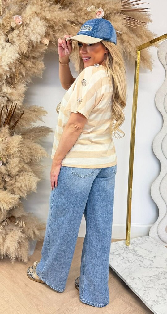 AIMEE STRIPE BUTTON TEE BEIGE AIMEE STRIPE BUTTON TEE BEIGE