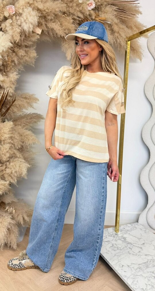 AIMEE STRIPE BUTTON TEE BEIGE AIMEE STRIPE BUTTON TEE BEIGE