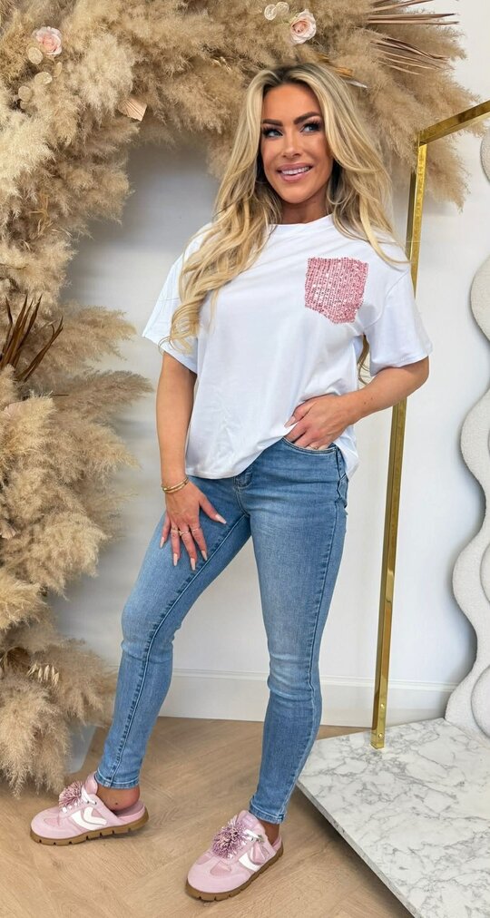 LUCY PINK PAILLET TEE WHITE