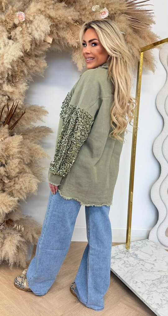 SEQUIN SLEEVE DENIM BLOUSE 1006 GREEN SEQUIN SLEEVE DENIM BLOUSE 1006 GREEN