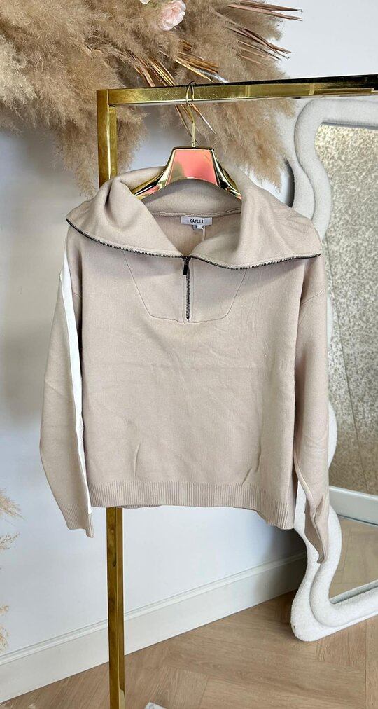 STRIPE SLEEVE ZIP SWEAT 5671 BEIGE