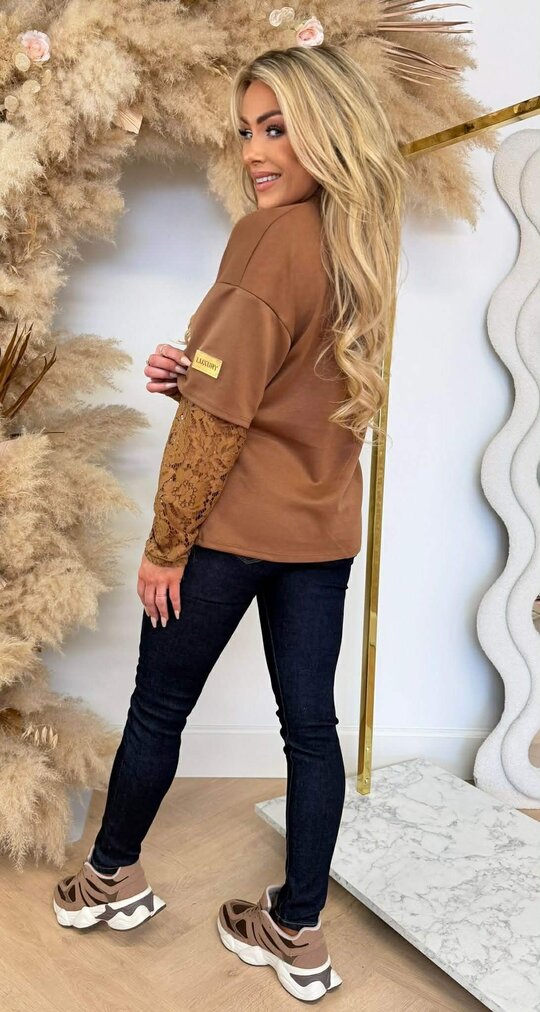 LUXURY LACE SLEEVE TOP BROWN