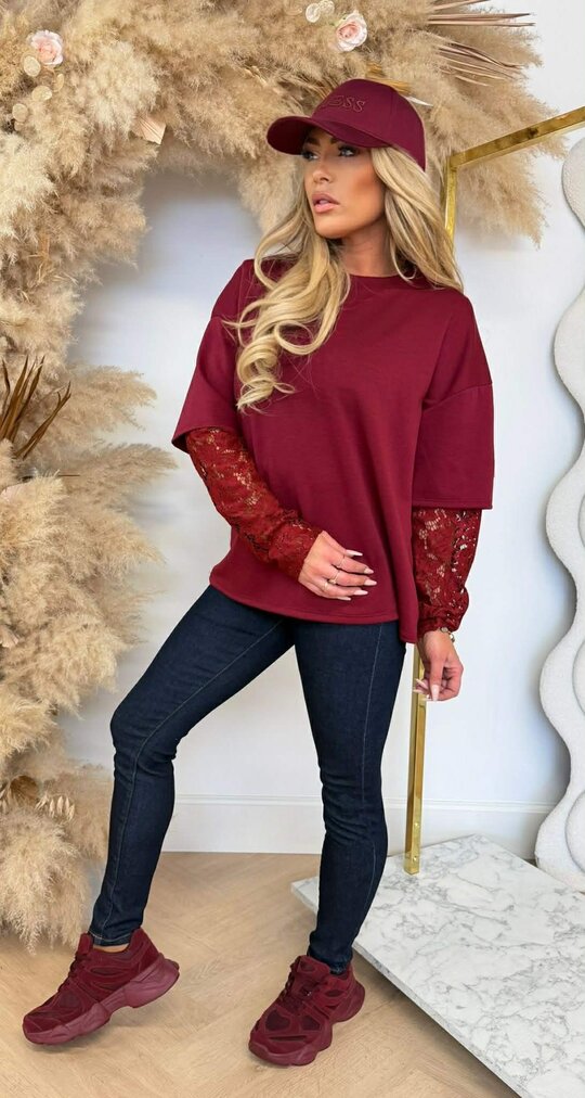 LUXURY LACE SLEEVE TOP BURGUNDY