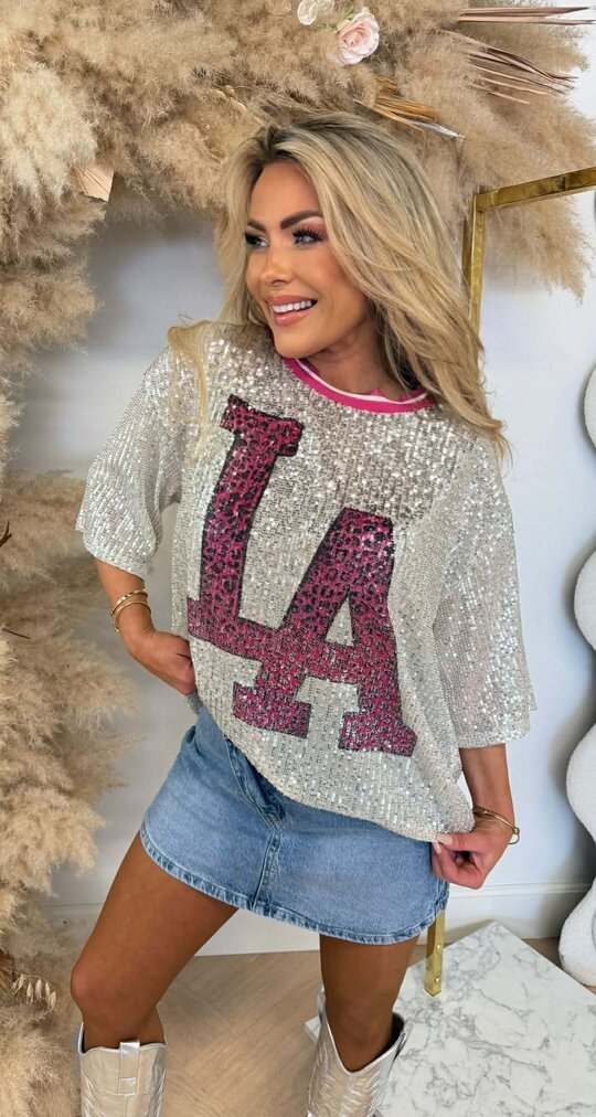 LA PRINTY SEQUIN TEE PINK