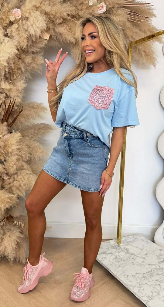 LUCY PINK PAILLET TEE ICEBLUE