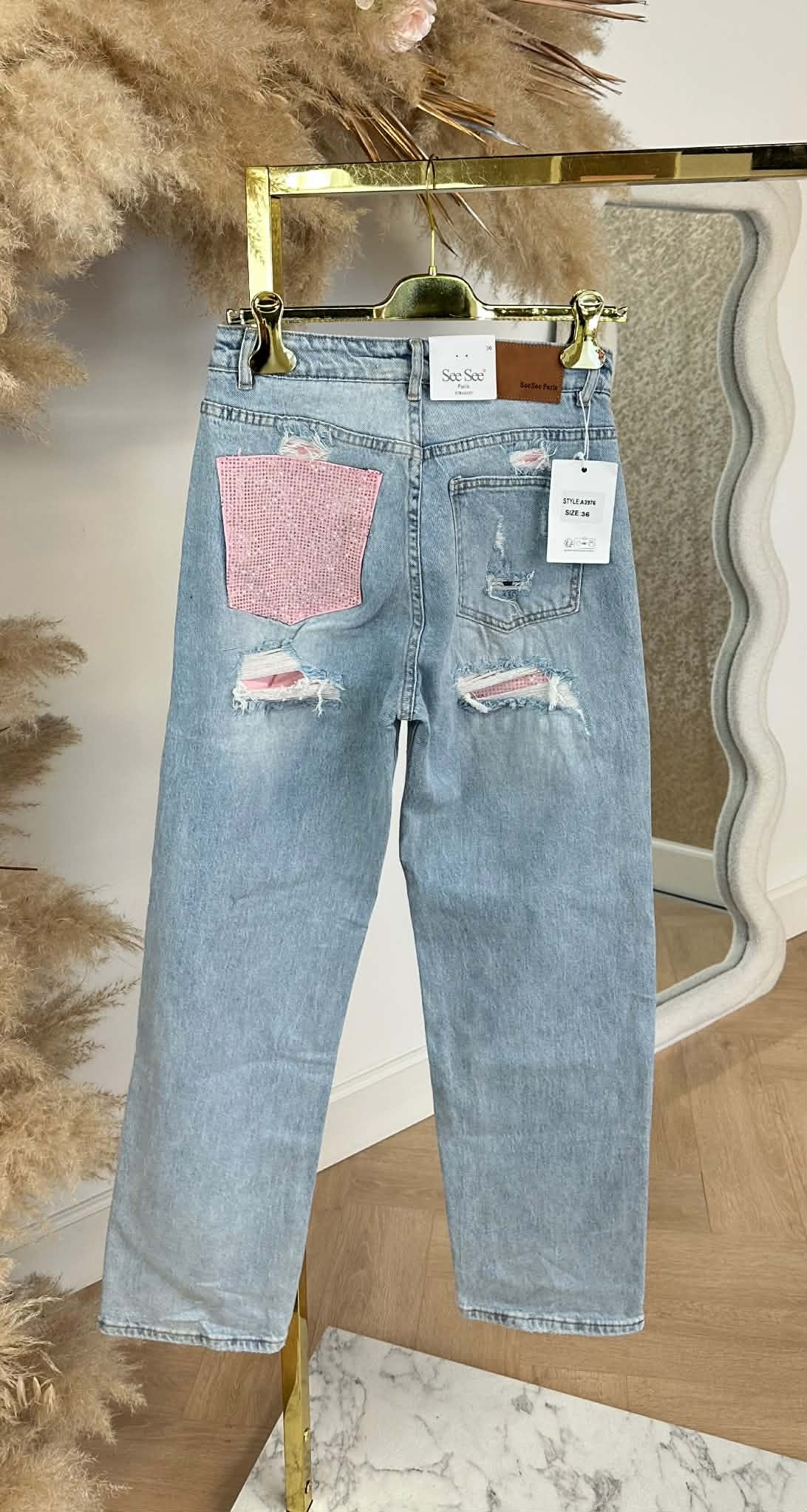 GLITTER POCKET PINK JEANS DENIMBLUE