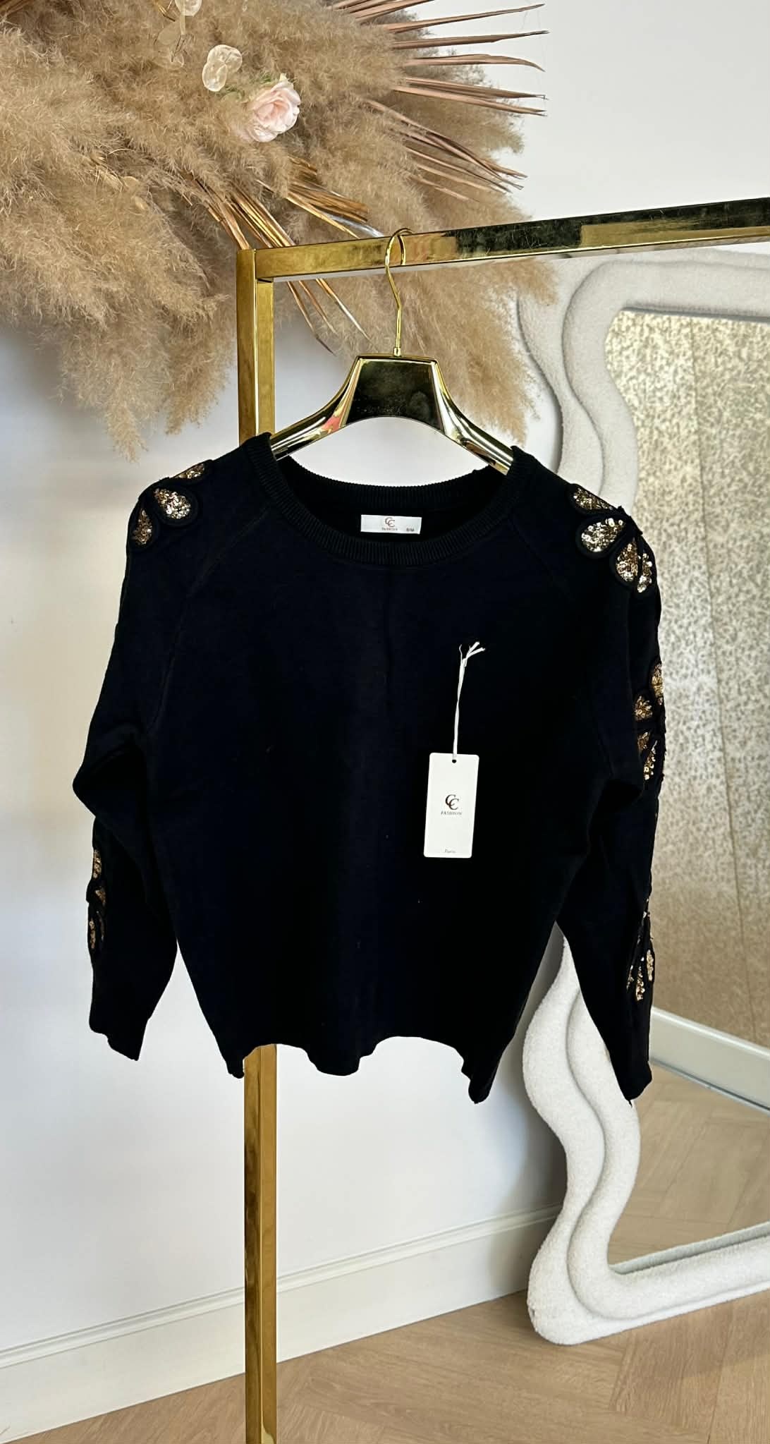 FLOWER SEQUIN SLEEVE SWEATER 882 BLACK