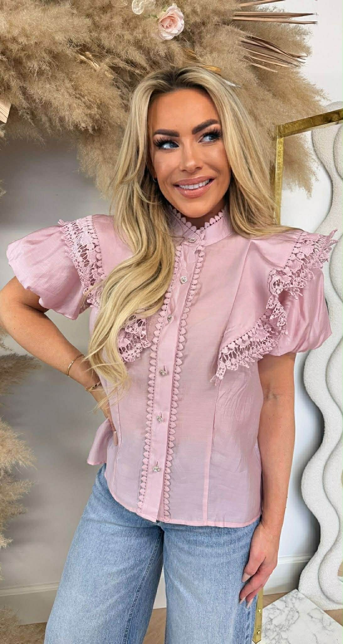 DIAMOND BUTTON LACE BLOUSE 8528 PINK