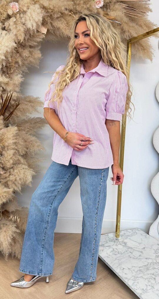 DIAMOND STRIPE SHORT SLEEVE BLOUSE PINK