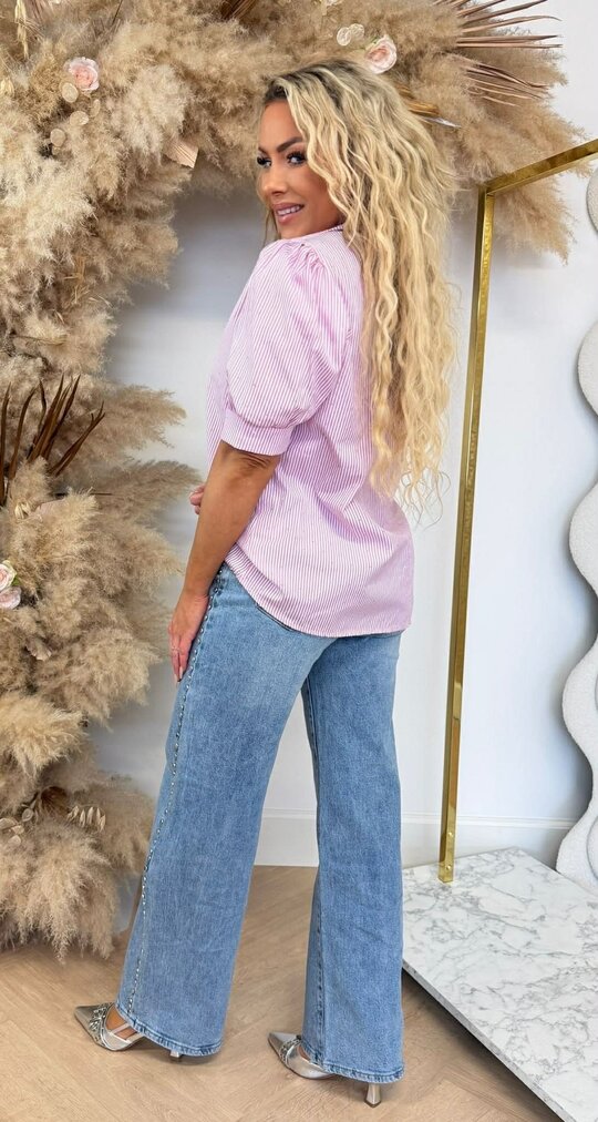 DIAMOND STRIPE SHORT SLEEVE BLOUSE PINK