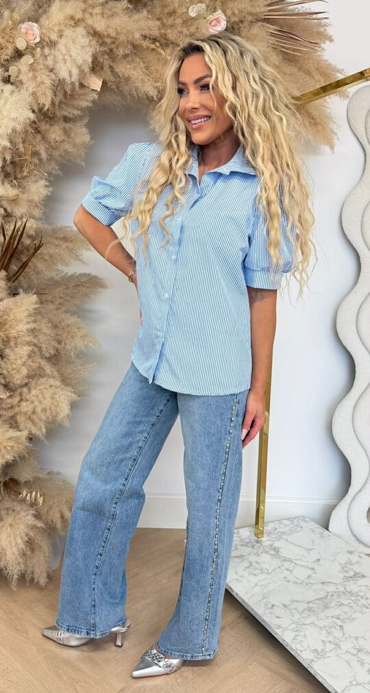 DIAMOND STRIPE SHORT SLEEVE BLOUSE BLUE