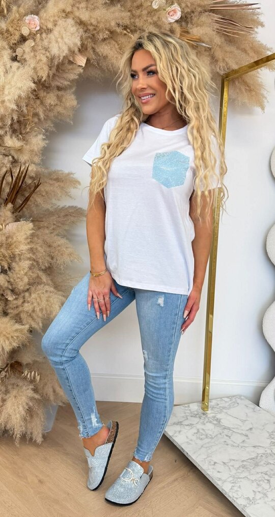POCKET NEW GLITTER TEE BLUE/OFFWHITE