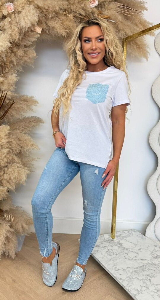 POCKET NEW GLITTER TEE BLUE/OFFWHITE