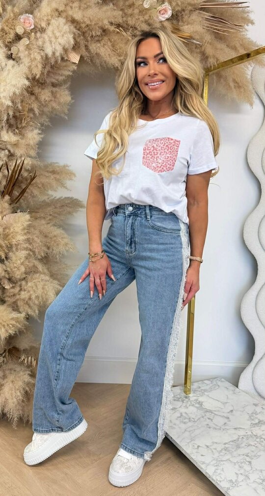 LEOPARD GLITTER POCKET TEE PINK