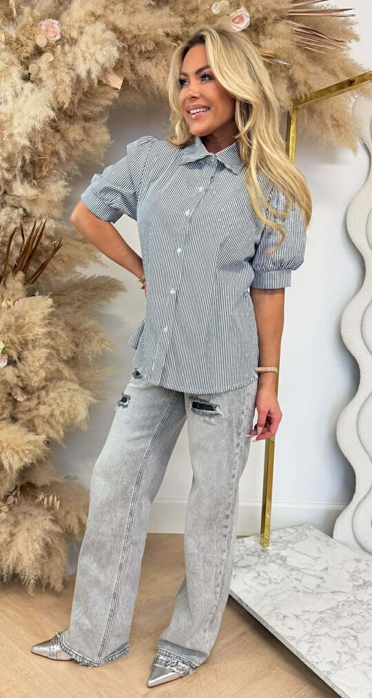 DIAMOND STRIPE SHORT SLEEVE BLOUSE GREY