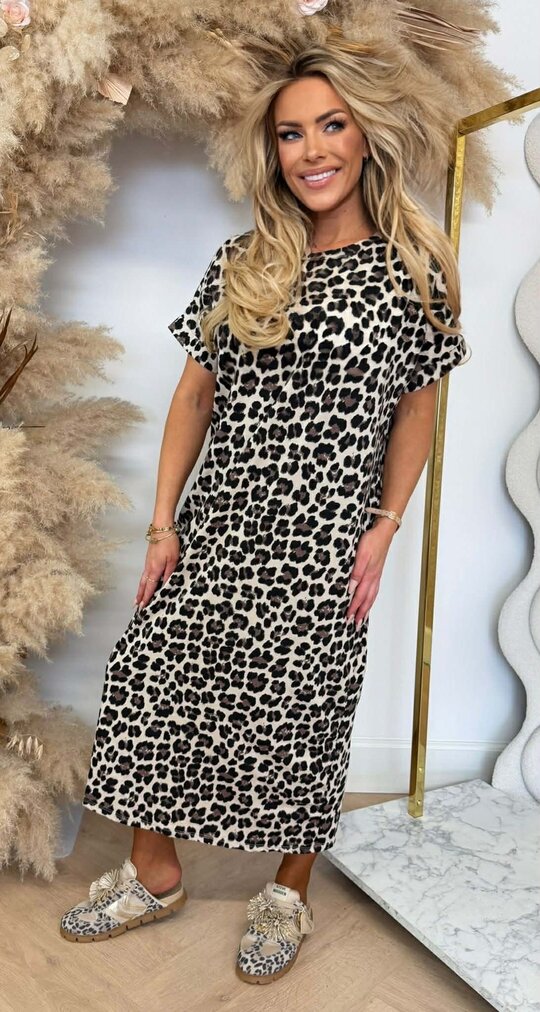 JOLIKO LONG LEOPARD DRESS BEIGE