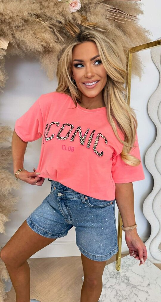 ICONIC LEOPARD TEKST TEE CORAL *L*