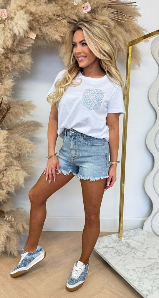 LEOPARD GLITTER POCKET TEE BLUE