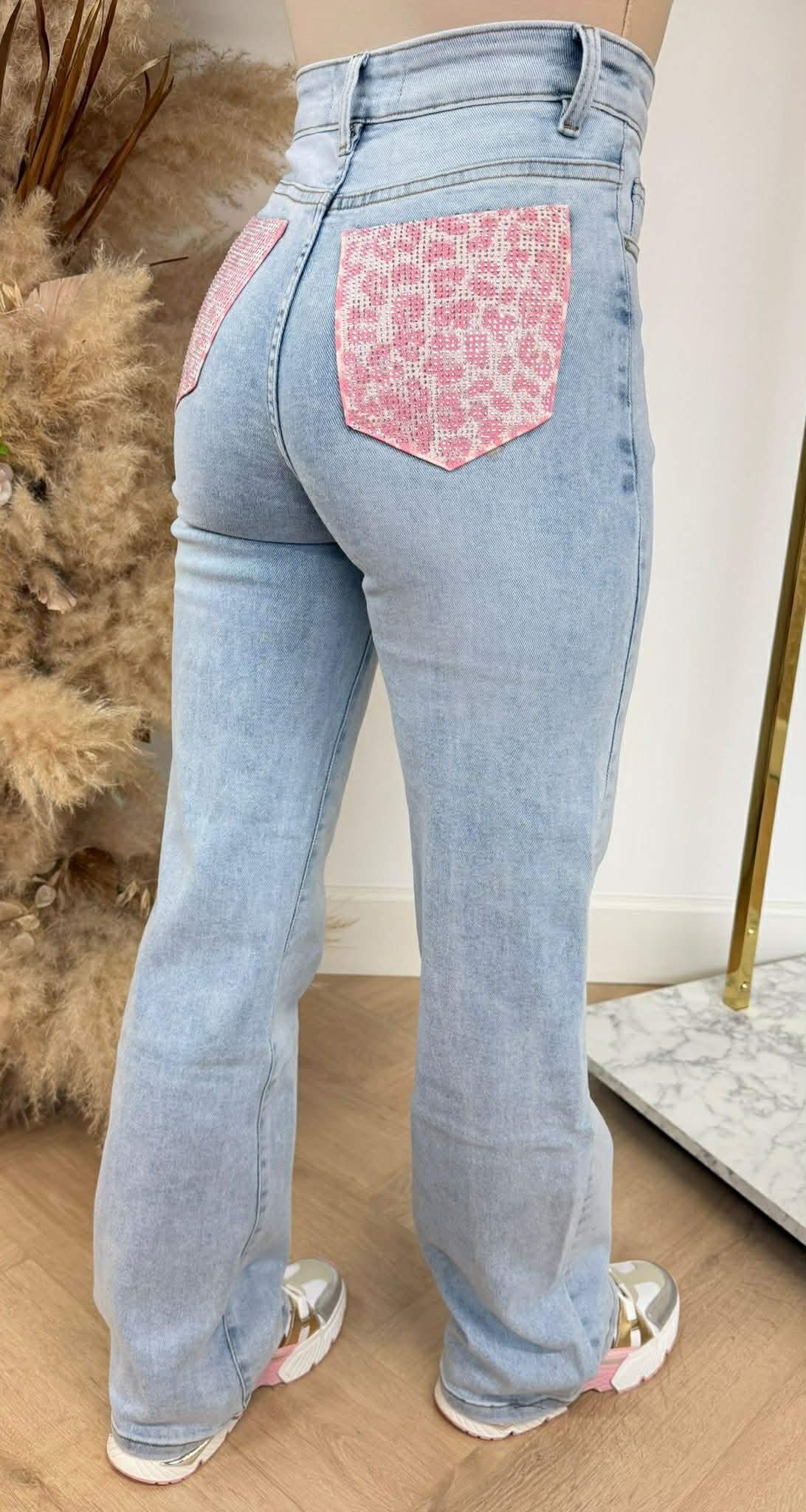 SUPER STRETCH WIDE LEG LEO GLITTER POCKET JEANS 1578-1 PINK SUPER STRETCH WIDE LEG LEO GLITTER POCKET JEANS 1578-1 PINK