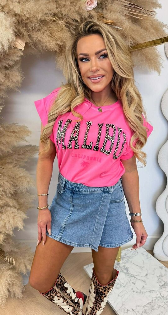 MALIBU LEOPARD TEKST SHIRT 690010-136 NEONPINK