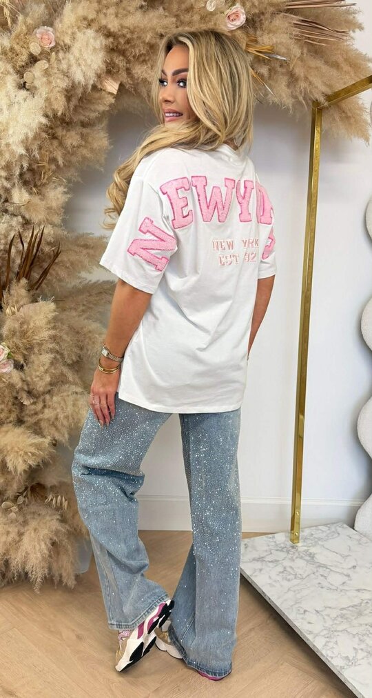 NEW YORK TEDDY TEKST TEE 7475 OFFWHITE/PINK