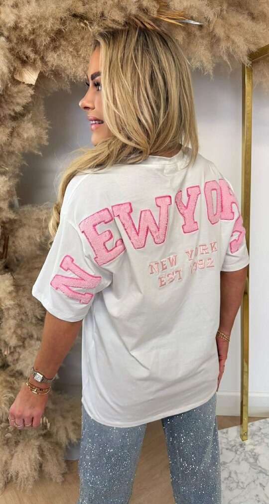 NEW YORK TEDDY TEKST TEE 7475 OFFWHITE/PINK