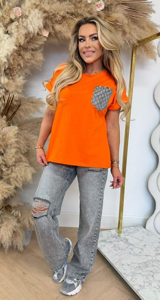INSPIRED GLITTER POCKET TEE ORANGE