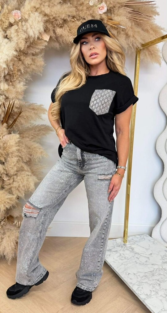 INSPIRED GLITTER POCKET TEE BLACK