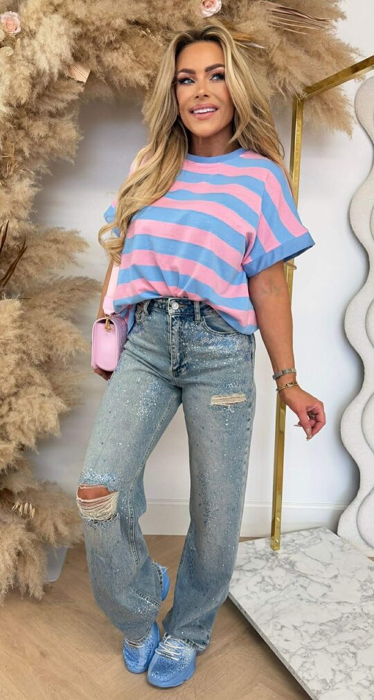 JOYA STRIPE TEE PINK/ICEBLUE