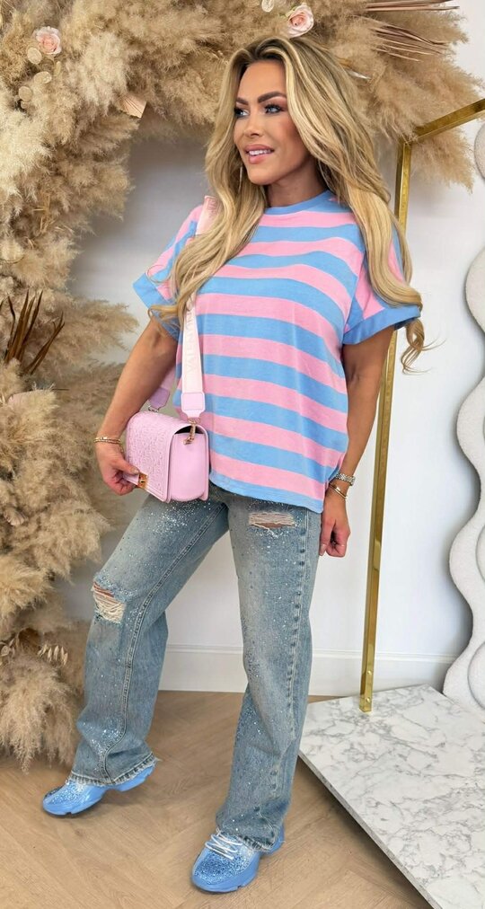 JOYA STRIPE TEE PINK/ICEBLUE