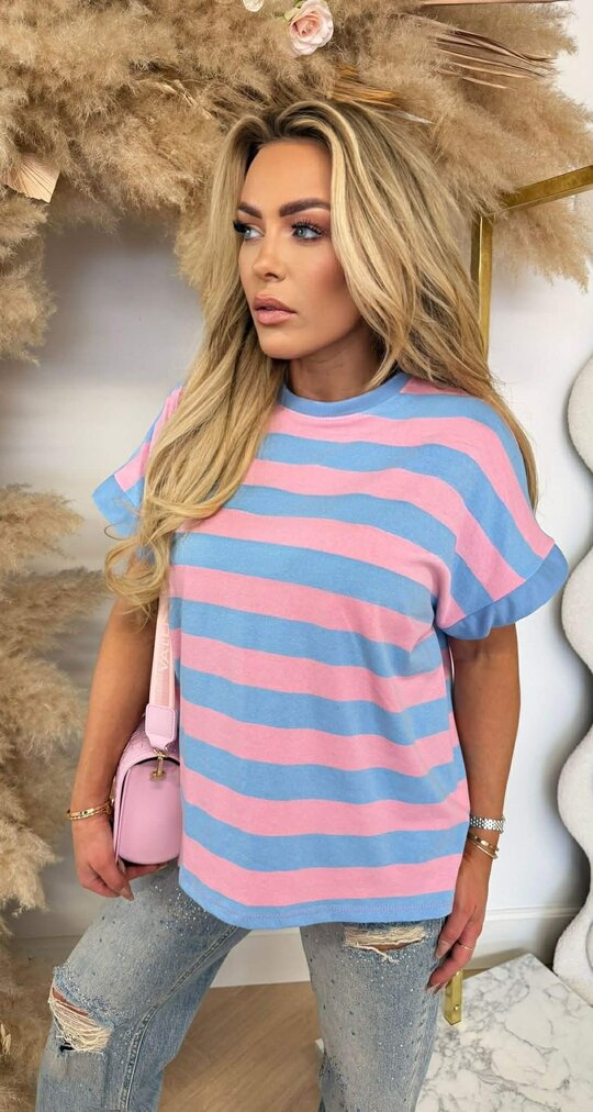 JOYA STRIPE TEE PINK/ICEBLUE