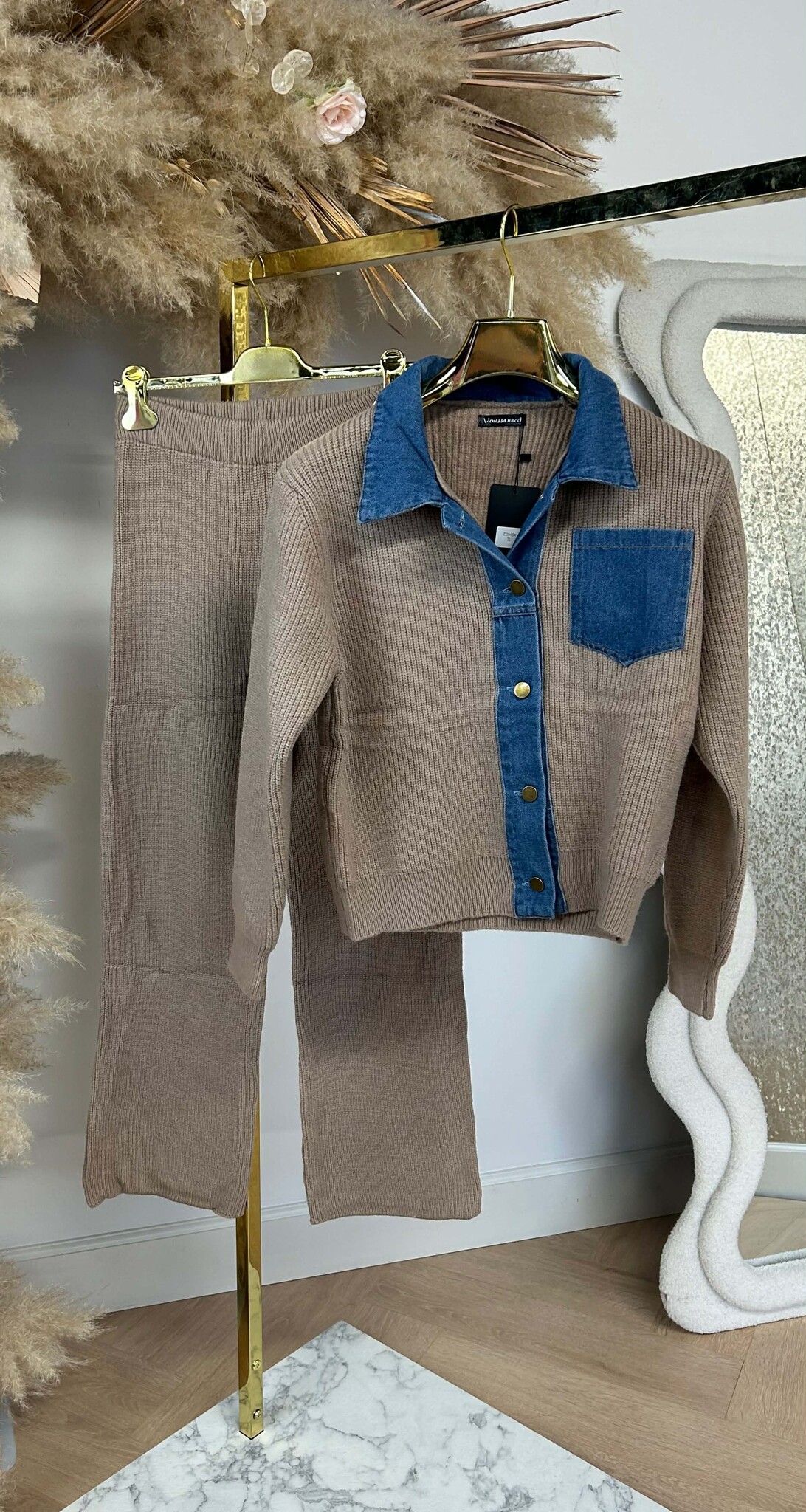 DENIM KNITTED 2 PIECE SET E2040 BEIGE