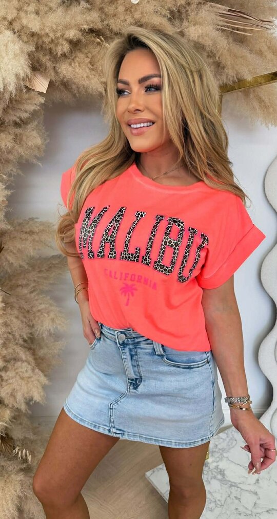 MALIBU LEOPARD TEKST SHIRT 690010-137 NEONCORAL