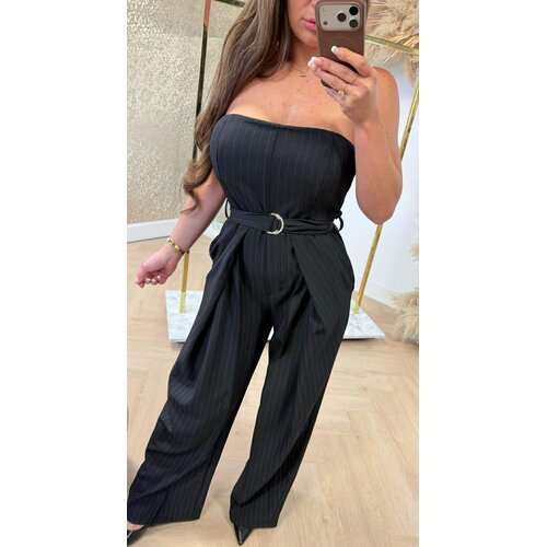 STRAPLESS STRIPE JUMPSUIT BLACK