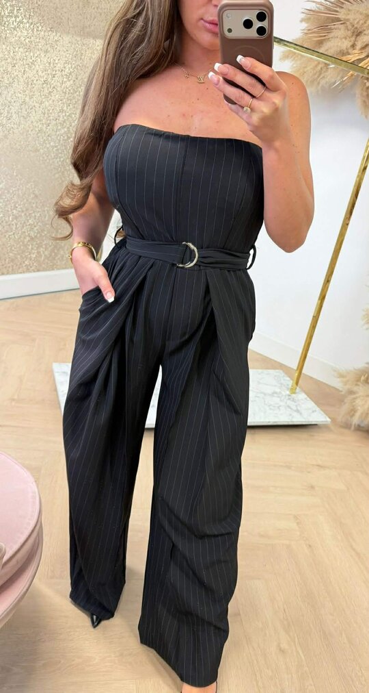 STRAPLESS STRIPE JUMPSUIT BLACK
